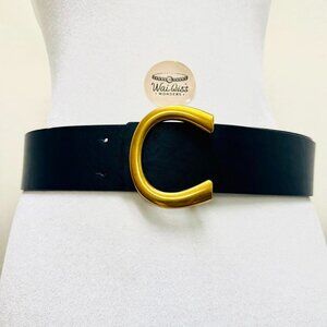 Black leather belt with gold buckle